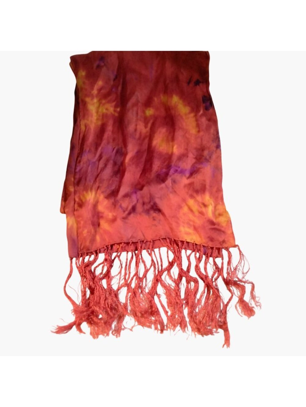 Vibrant Red Scarf Handcrafted Tie Dye Fringe Boho Festival Sunset